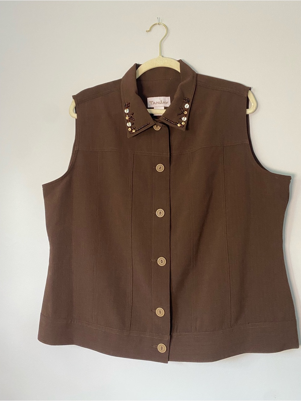 Vintage TanJay Brown Sleeveless Button Front Vest Beaded Collar Size 16